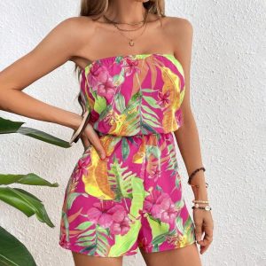 Floral Print Bandeau Sleeveless Romper Casual High Waist Holiday Jumpsuit, women Rompers, ChicMe catalog