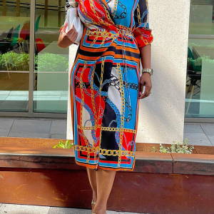 Regular Fit Geometric Urban Regular Lapel Collar Sleeve Three Quarter Sleeve Midi Dress, Midi Dresses, color:As Picture|size:XXL, Stylewe