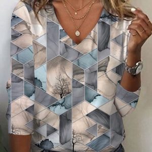 Casual Geometric V Neck Long Sleeve T-shirt, Blouses, color:Blue|size:XXL, catalog Noracora shop