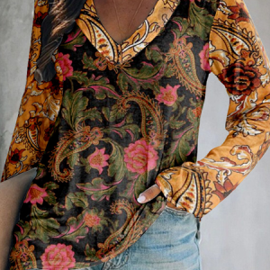 Vintage Floral V Neck Long Sleeve T-shirt, T-shirts, color:As Picture|size:4XL, catalog Noracora shop