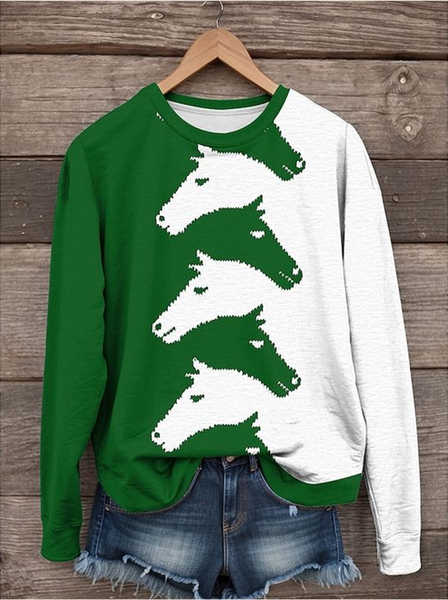 Women's Green Western Horse Print Cotton Casual Sweatshirt, Hoodies&Sweatshirts, Lilicloth.com