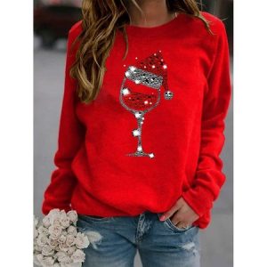 Crew Neck Long Sleeve Christmas Regular Micro-Elasticity Loose Blouse For Women, Blouses, color:Red|size:XS, catalog Noracora shop