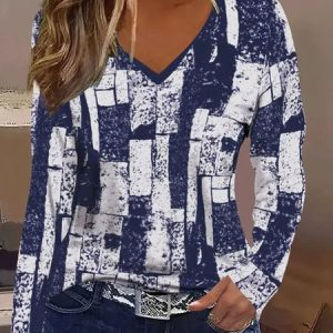 Abstract printed casual V-neck T-shirt, Long sleeves, Lilicloth.com