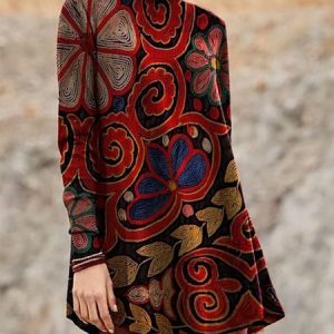 Turtleneck Long Sleeve Ethnic Regular Micro-Elasticity Loose Blouse For Women, Blouses, color:Red|size:5XL, catalog Noracora shop