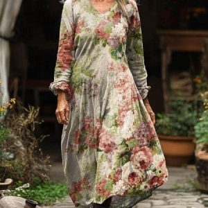 Women 3D Printing V Neck Long Sleeve Comfy Vintage Maxi Dress, Dresses, color:As Picture|size:XXL, catalog Noracora shop