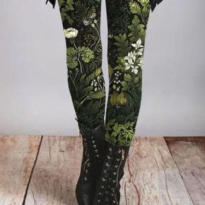 Women's Casual Floral Jersey All Season Long Leggings, JustFashionNow Leggings, color:Green|size:XXL,