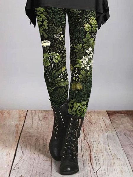 Women's Casual Floral Jersey All Season Long Leggings, JustFashionNow Leggings, color:Green|size:XXL,