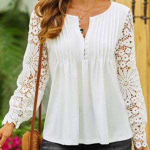 Plain Casual Patchwork lace Notched Tunic Top, Tops, color:White|size:XS, catalog Noracora shop