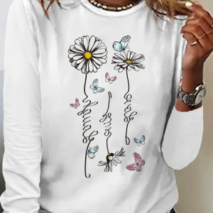 Casual Daisy Crew Neck Long Sleeve T-shirt, T-shirts, color:White|size:XXL, catalog Noracora shop