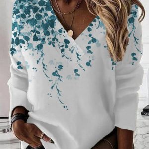 Casual V Neck Leaf Sweatshirt, Hoodies & Sweatshirts, color:Blue|size:XXL, catalog Noracora shop