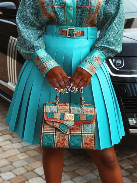 Pleated Elegant Skirt With Belt, Skirts, color:Blue|size:XXL, Stylewe