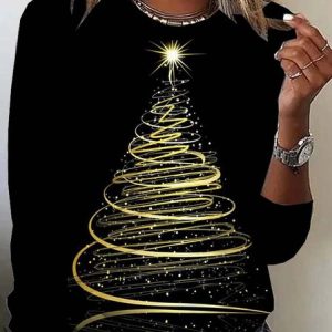 Casual Christmas Tree Crew Neck Long Sleeve T-shirt, T-shirts, color:Black|size:XXL, catalog Noracora shop