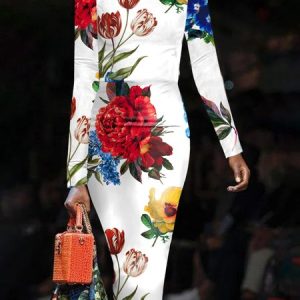 Elegant Floral Printing Bodycon Dress, Midi Dresses, color:As Picture|size:XXL, Stylewe