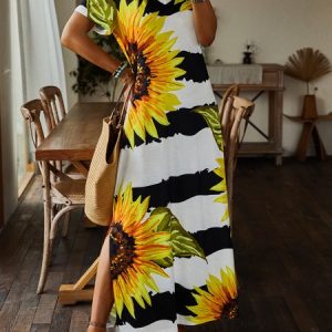 Casual Sunflower Short Sleeve V Neck Plus Size Printed Dress, Maxi, color:Yellow|size:XXL, catalog Noracora shop