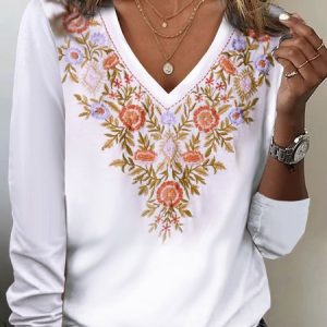 Ethnic floral print casual V-neck women's T-shirt, Long sleeves, Lilicloth.com