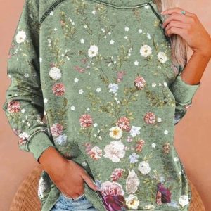 Casual Crew Neck Floral Sweatshirt Zipper, Hoodies & Sweatshirts, color:Green|size:XXL, catalog Noracora shop