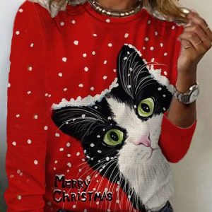 Contrast Print Long Sleeve Crew Neck T-shirt, Long sleeves, Lilicloth.com