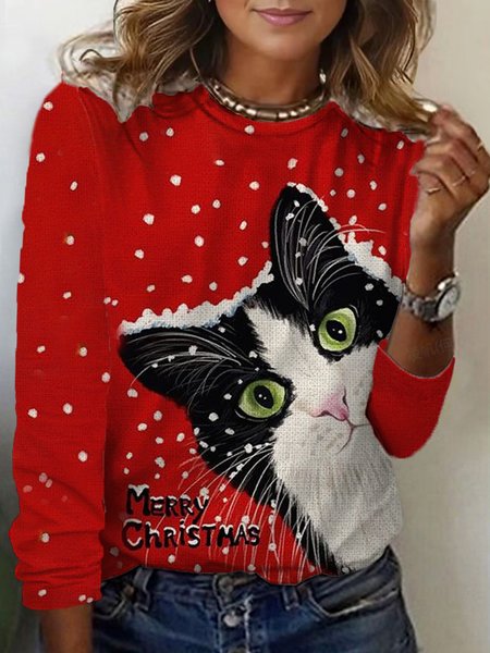 Contrast Print Long Sleeve Crew Neck T-shirt, Long sleeves, Lilicloth.com