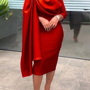 Stand Collar Plain Regular Fit Elegant Party Midi Dress, Midi Dresses, color:Red|size:XXL, Stylewe