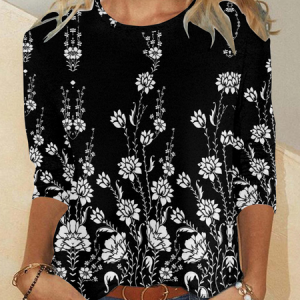 Casual Floral Crew Neck Long Sleeve T-shirt, T-shirts, color:Black|size:4XL, catalog Noracora shop