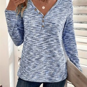 V Neck Long Sleeve Plain Regular Micro-Elasticity Loose Blouse For Women, Blouses, color:Blue|size:XL, catalog Noracora shop