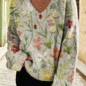 V Neck Long Sleeve Floral Regular Micro-Elasticity Loose Blouse For Women, Blouses, color:As Picture|size:3XL, catalog Noracora shop
