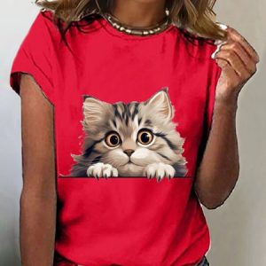 Casual Cat Crew Neck Short Sleeve T-shirt, T-shirts, color:Red|size:3XL, catalog Noracora shop
