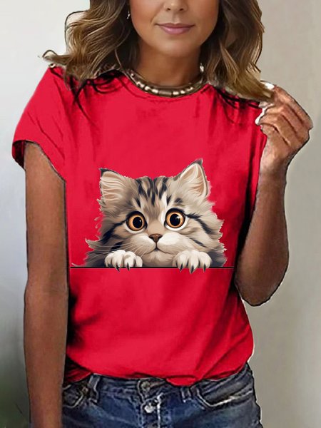 Women's Short Sleeve Tee T-shirt Summer Cat Cotton-Blend Crew Neck Daily Going Out Casual Top, JustFashionNow T-Shirts, color:Red|size:3XL
