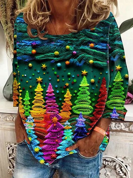 Women's Crew Neck Christmas Tree Casual Spring/Fall Long Sleeve Sweatshirt, JustFashionNow Sweatshirts & Hoodies, color:Green|size:XXL,