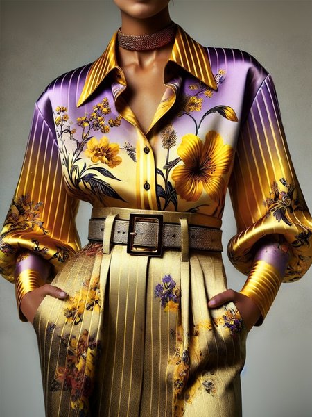 Elegant Gradient Pattern Printing Balloon Sleeve Shirt, Blouses and Shirts, color:As Picture|size:XXL, Stylewe