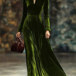 Elegant Velvet Plain V Neck Maxi Dress, Maxi Dresses, color:Green|size:XXL, Stylewe
