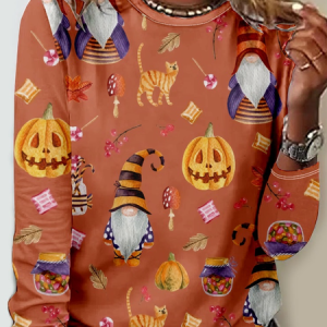 Casual Floral Crew Neck Long Sleeve T-shirt, T-shirts, color:Orange Red|size:4XL, catalog Noracora shop