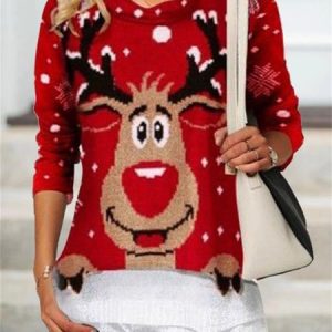 Shawl Collar Long Sleeve Christmas Regular Micro-Elasticity Loose Blouse For Women, Blouses, color:Wine Red|size:3XL, catalog Noracora shop