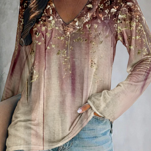 Casual Floral V Neck Long Sleeve T-shirt, T-shirts, color:Yellow|size:4XL, catalog Noracora shop