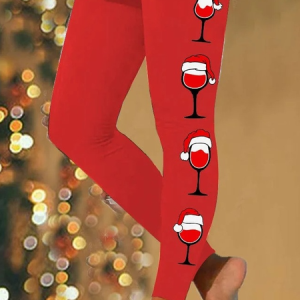 Casual Christmas Wine Glass Long Leggings, Leggings, color:Red|size:XXL, catalog Noracora shop