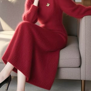 High Elasticity Regular Fit Plain Regular Sleeve Mock Neck Long Sleeve Elegant Sweater Midi Dress  Brooch not included, Midi Dresses, color:Red|size:XXL, Stylewe