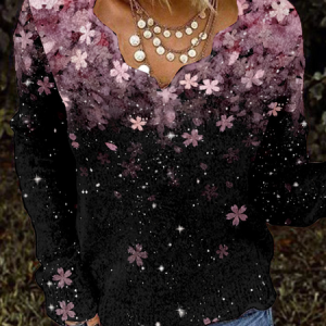 V Neck Long Sleeve Floral Regular Micro-Elasticity Loose Blouse For Women, Blouses, color:Pink|size:XXL, catalog Noracora shop
