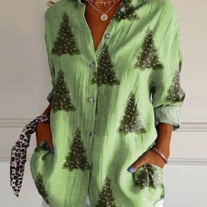 Shirt Collar Long Sleeve Geometric Regular Loose Shirt For Women, Shirts, color:Green|size:5XL, catalog Noracora shop