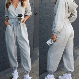 V-Neck Long Sleeve Drawstring Cinch Waist Basic Jumpsuit Casual Overalls, women Jumpsuits, ChicMe catalog