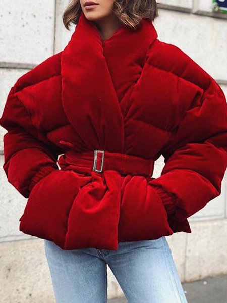 Loose Urban Plain Fleece Coat With Belt, Padded Jackets, color:Red|size:XXL, Stylewe