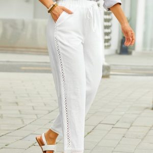 Casual Plain Lace-Up Patchwork lace Cotton Pants, Pants, color:White|size:XS, catalog Noracora shop