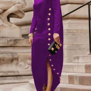 Urban Buttoned Stand Collar Dress, Maxi Dresses, color:Purple|size:XXL, Stylewe