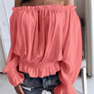 Off The Shoulder Long Sleeve Plain Regular Loose Blouse For Women, Blouses, color:Pink|size:XXL, catalog Noracora shop