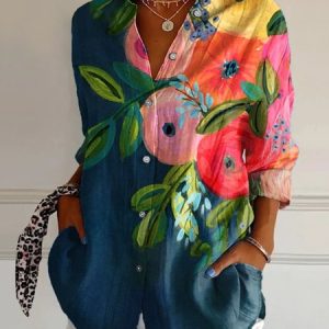 Shirt Collar Long Sleeve Floral Regular Loose Shirt For Women, Shirts, color:Multicolor|size:XXL, catalog Noracora shop