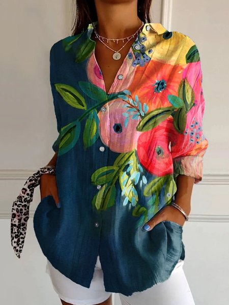 Women's Long Sleeve Shirt Spring/Fall Floral Shirt Collar Daily Going Out Casual Top, JustFashionNow Blouses, color:Multicolor|size:XXL,