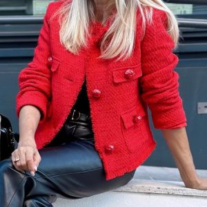 Long Sleeve Regular Sleeve Urban Crew Neck Buttoned Jacket, Jackets, color:Red|size:XXL, Stylewe