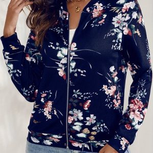 Women's Floral Zipper Thicken Loose Jacket, Outerwear, color:Navyblue|size:XXL, catalog Noracora shop