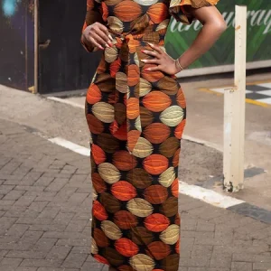 Urban Abstract Ruffle Sleeve Asymmetrical Maxi Dress With Belt, Maxi Dresses, color:As Picture|size:XXL, Stylewe