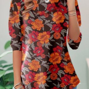 Casual Floral Crew Neck Long Sleeve T-shirt, T-shirts, color:Brown|size:XXL, catalog Noracora shop