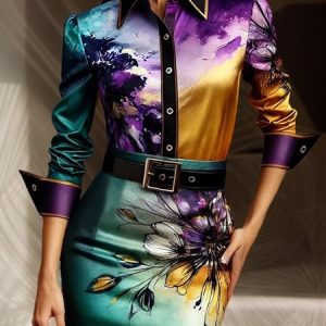Shirt Collar Floral Urban Long Sleeve Shirt, Blouses and Shirts, color:As Picture|size:XXL, Stylewe